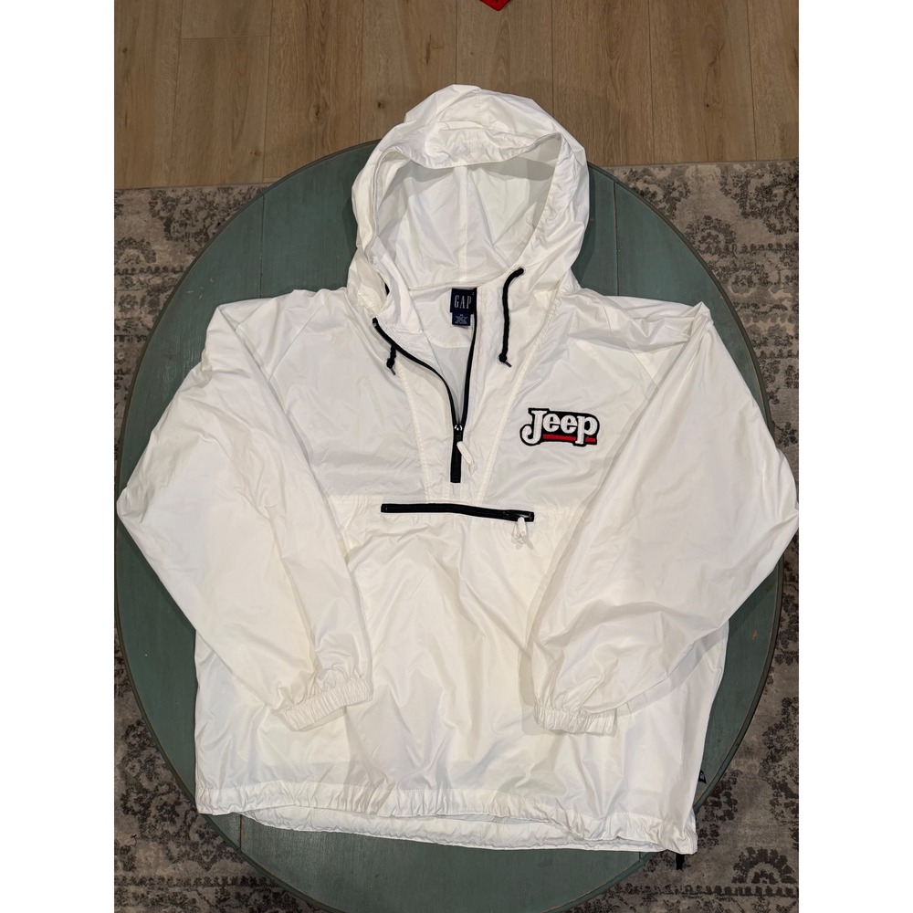 Vintage Gap Jeep Windbreaker Anorak Jacket Mens XL White Half Zip Hooded Nylon